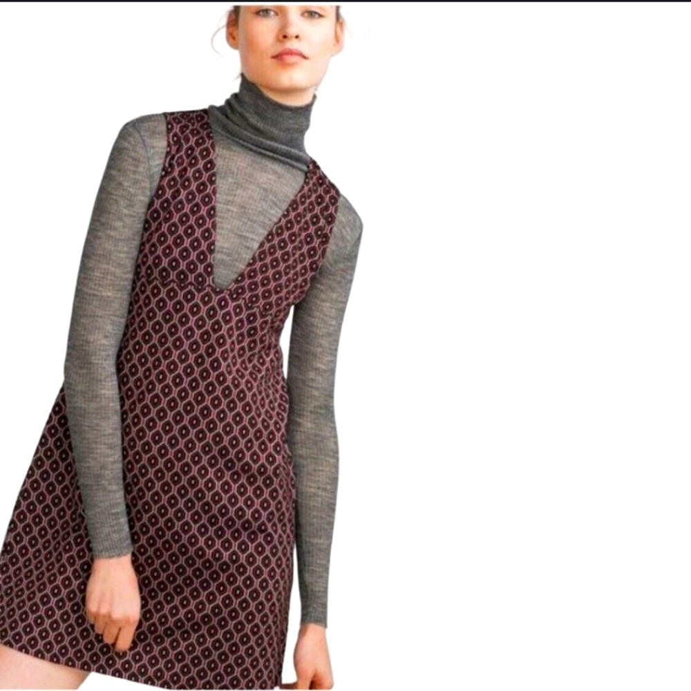 Zara Burgundy Patterned Mini Dress with Gray Turtleneck Layered Look